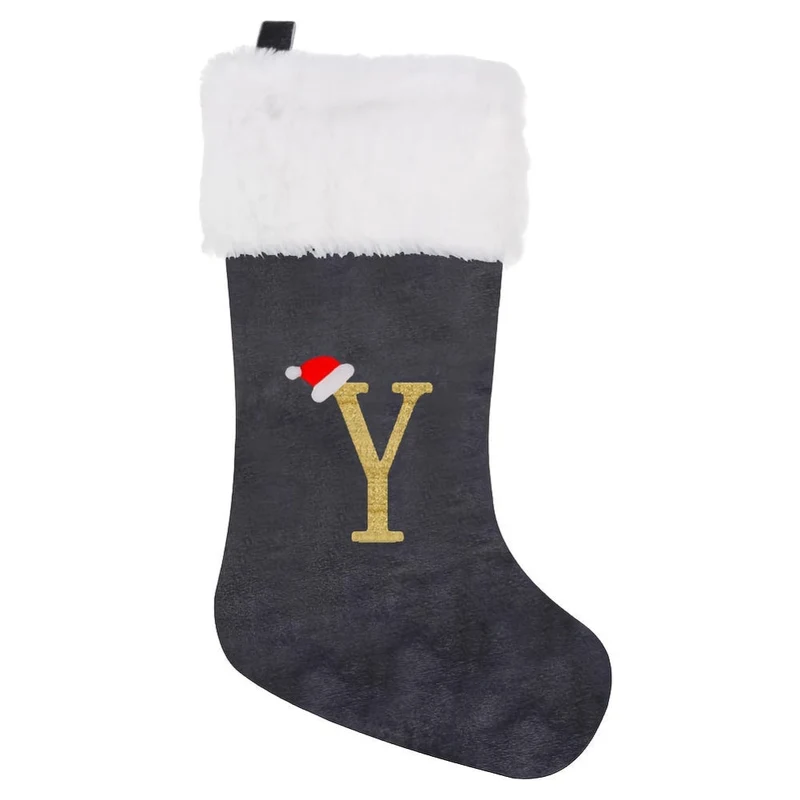 Grå Samt Julestrømper med Monogram Bogstav – Dekoration
