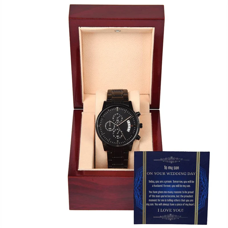 Metallisk Chronografur med 'Be My Son' – Gave til Søn ved Bryllup