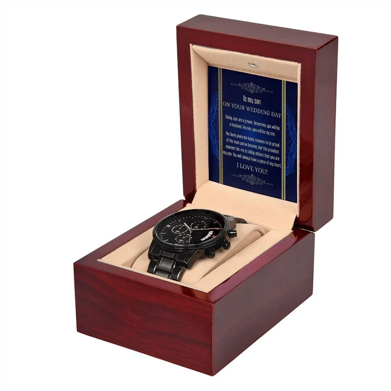 Metallisk Chronografur med 'Be My Son' – Gave til Søn ved Bryllup