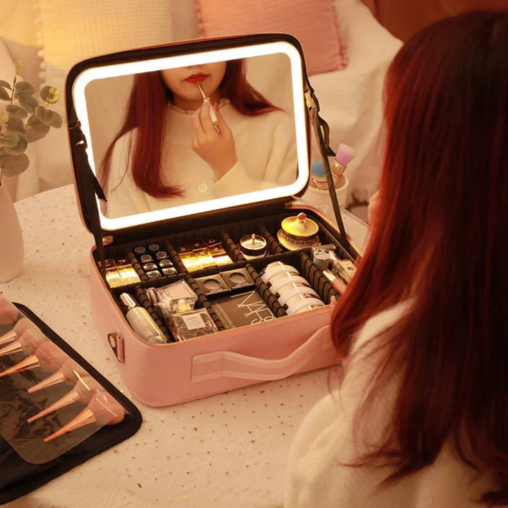 LED Smykkeskrin med Justerbart Spejl - Bærbar Makeup Organizer