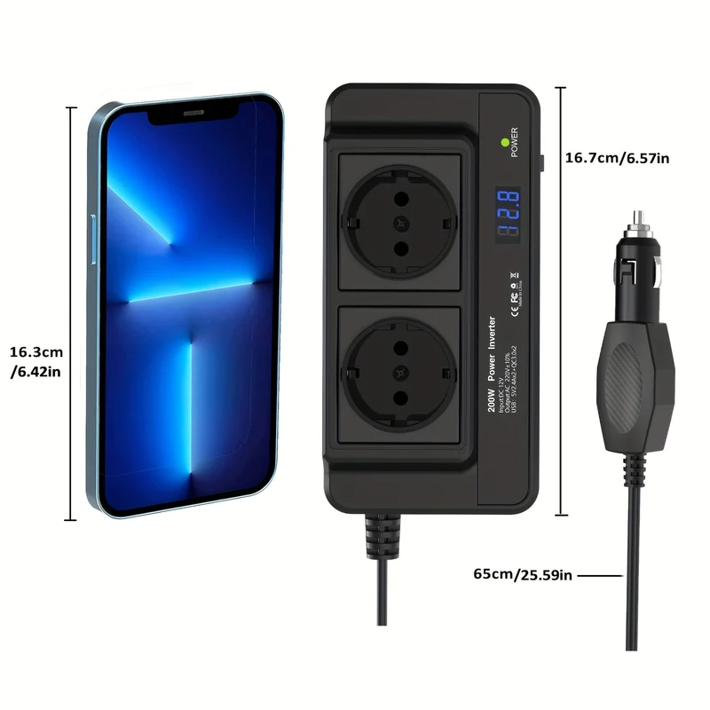 Kompakt 200W Bil Inverter – Dobbelt Stik og Fire USB-porte