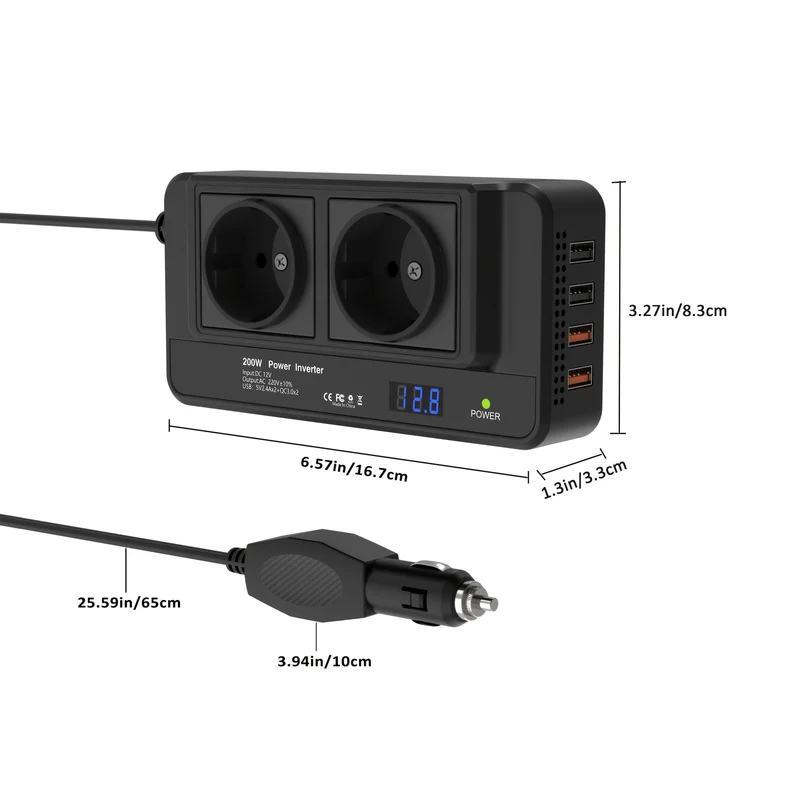 Kompakt 200W Bil Inverter – Dobbelt Stik og Fire USB-porte