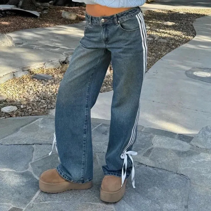 Baggy Efterårsjeans med Striber og Snører
