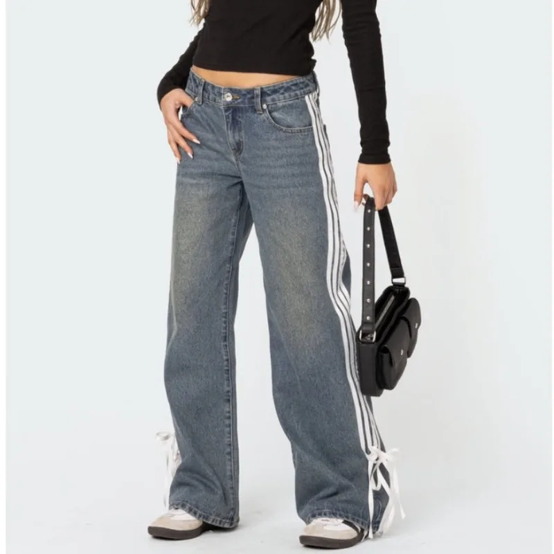 Baggy Efterårsjeans med Striber og Snører