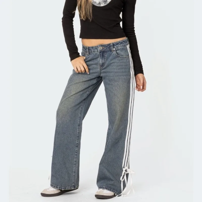Baggy Efterårsjeans med Striber og Snører