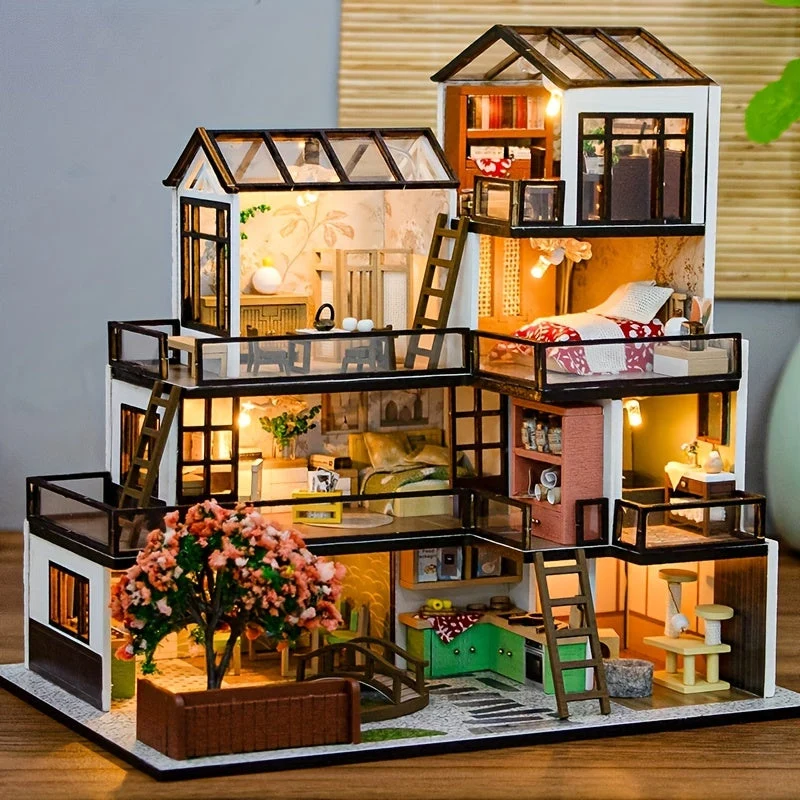 3D Miniature Villa Puslespil Sæt – Gør Det Selv med LED Belysning og Detaljerede Interiører