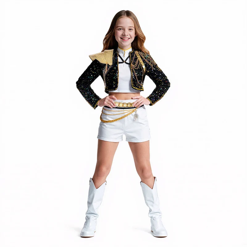 Guldglitrende Kpop Hunter Kostume med Pailletter
