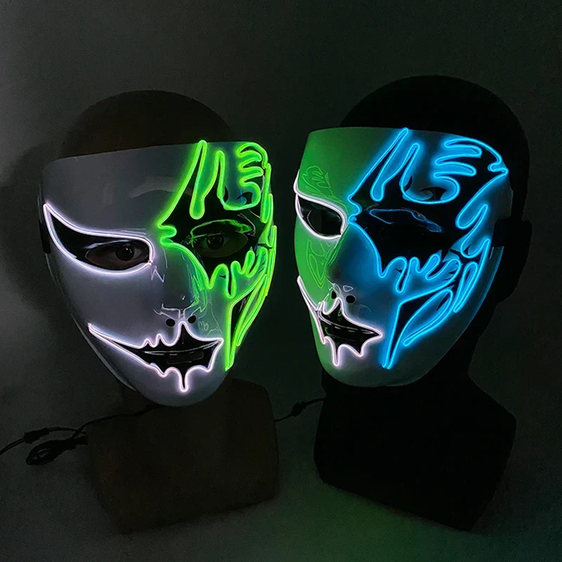 Neon LED Ansigt Maske, håndmalet, fuld dækning med blinkende tilstande, PVC + EL