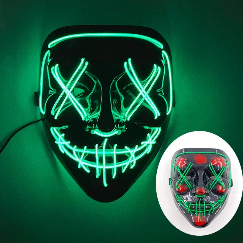 Neon LED Ansigt Maske, håndmalet, fuld dækning med blinkende tilstande, PVC + EL
