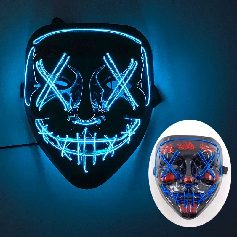 Neon LED Ansigt Maske, håndmalet, fuld dækning med blinkende tilstande, PVC + EL