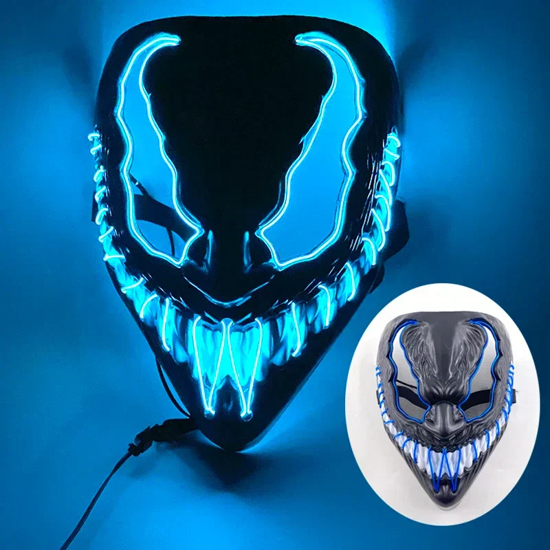 Neon LED Ansigt Maske, håndmalet, fuld dækning med blinkende tilstande, PVC + EL