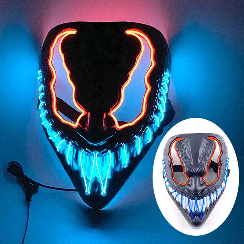 Neon LED Ansigt Maske, håndmalet, fuld dækning med blinkende tilstande, PVC + EL