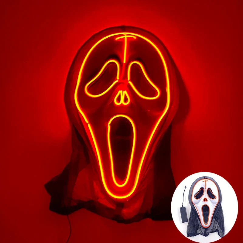 Neon LED Ansigt Maske, håndmalet, fuld dækning med blinkende tilstande, PVC + EL