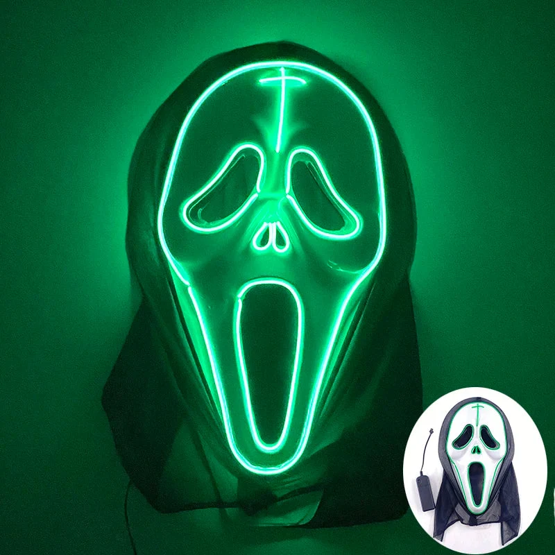 Neon LED Ansigt Maske, håndmalet, fuld dækning med blinkende tilstande, PVC + EL