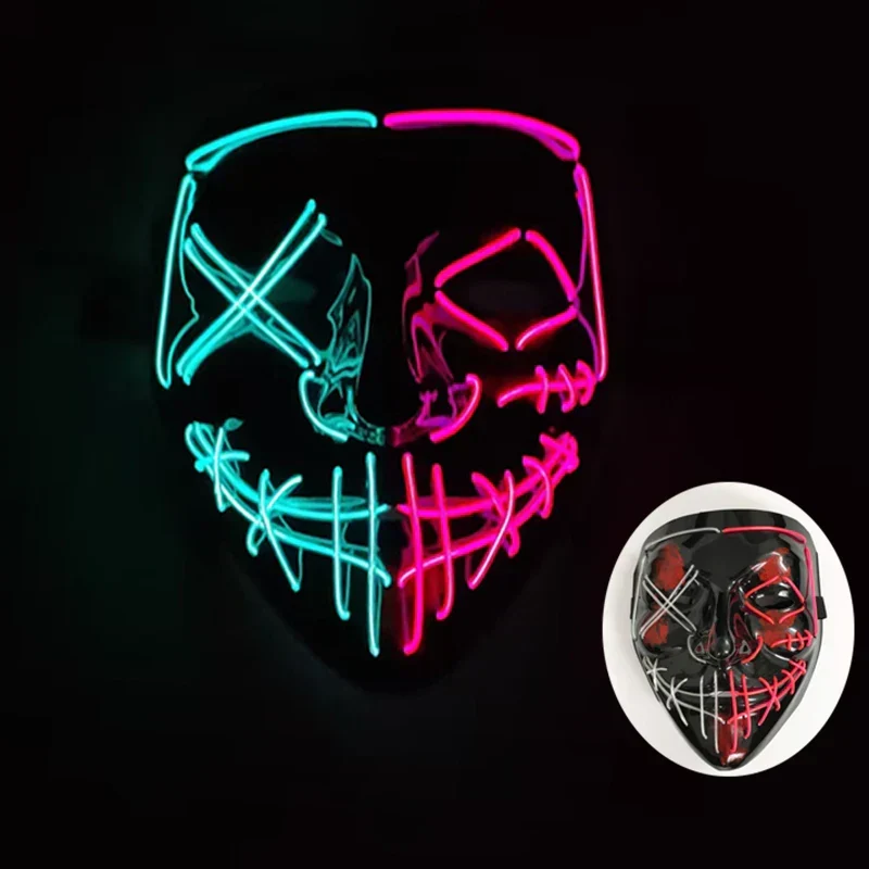 Neon LED Ansigt Maske, håndmalet, fuld dækning med blinkende tilstande, PVC + EL