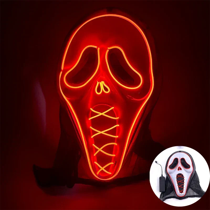 Neon LED Ansigt Maske, håndmalet, fuld dækning med blinkende tilstande, PVC + EL