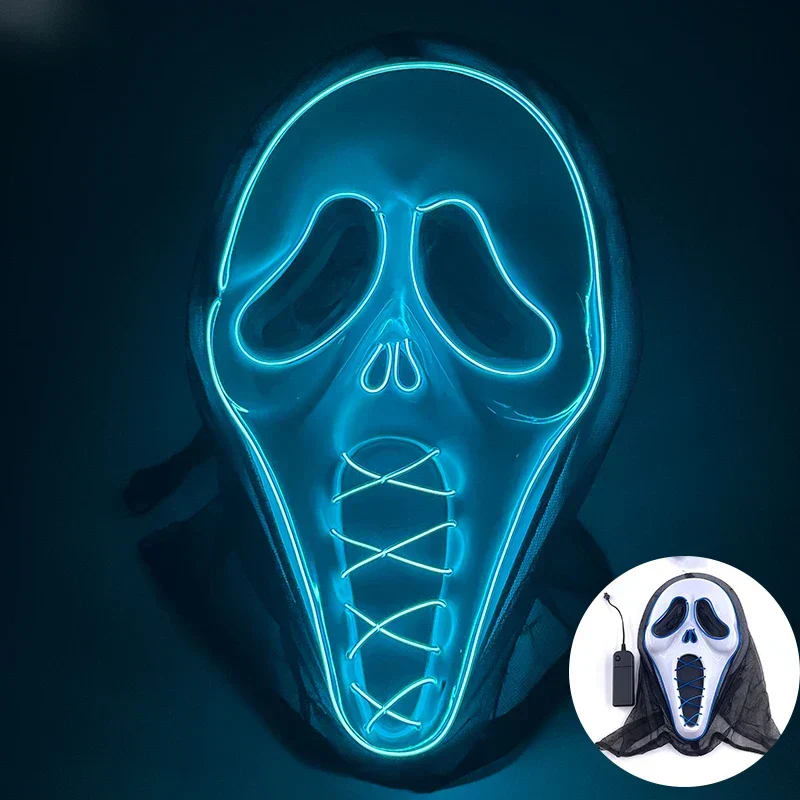 Neon LED Ansigt Maske, håndmalet, fuld dækning med blinkende tilstande, PVC + EL