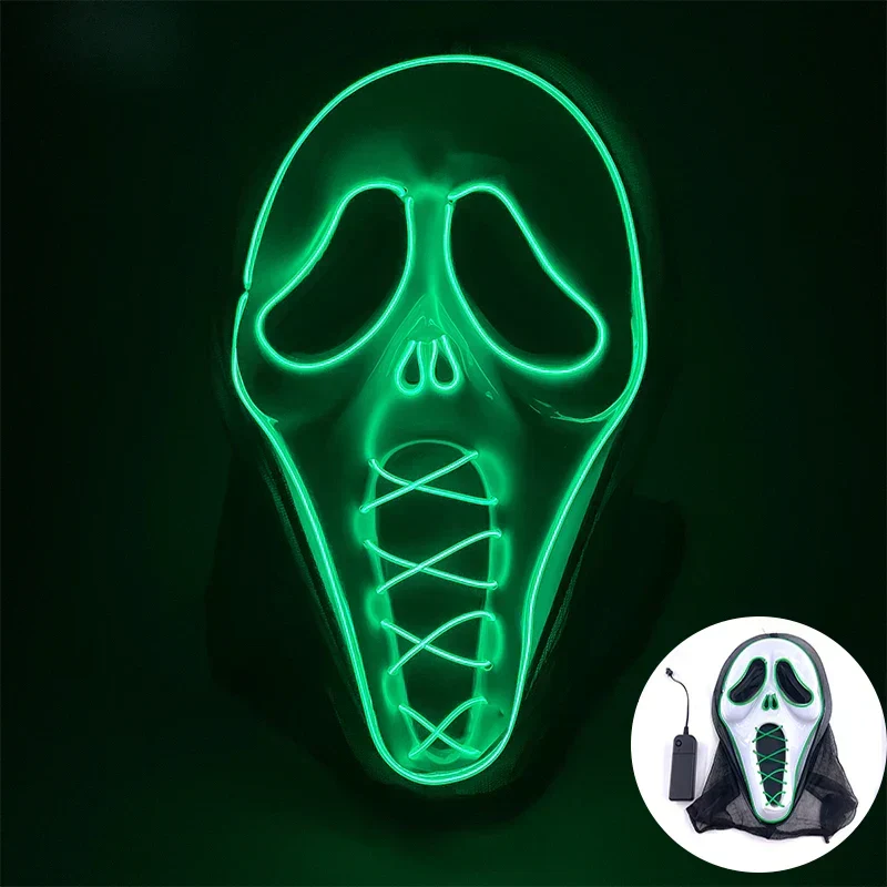 Neon LED Ansigt Maske, håndmalet, fuld dækning med blinkende tilstande, PVC + EL
