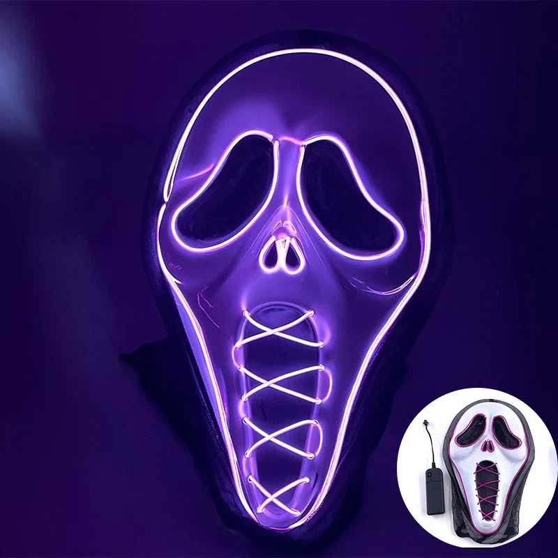 Neon LED Ansigt Maske, håndmalet, fuld dækning med blinkende tilstande, PVC + EL