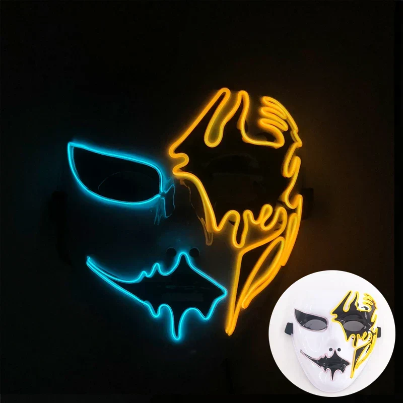 Neon LED Ansigt Maske, håndmalet, fuld dækning med blinkende tilstande, PVC + EL