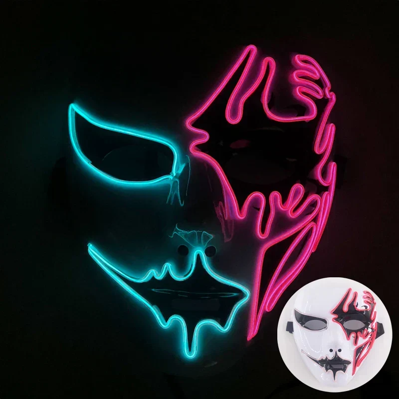 Neon LED Ansigt Maske, håndmalet, fuld dækning med blinkende tilstande, PVC + EL