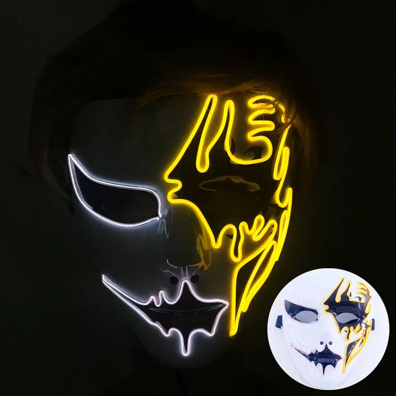 Neon LED Ansigt Maske, håndmalet, fuld dækning med blinkende tilstande, PVC + EL