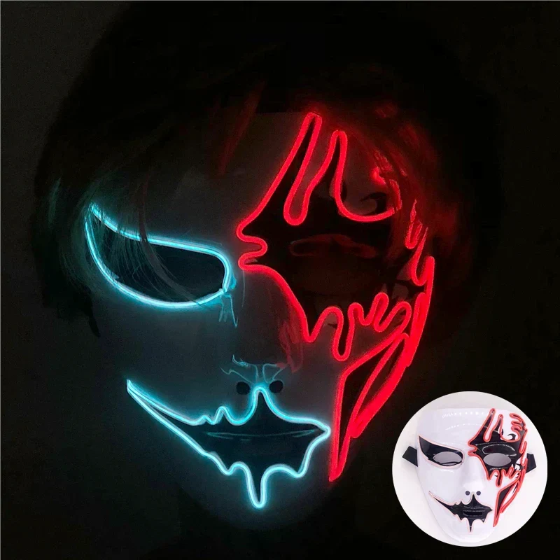 Neon LED Ansigt Maske, håndmalet, fuld dækning med blinkende tilstande, PVC + EL