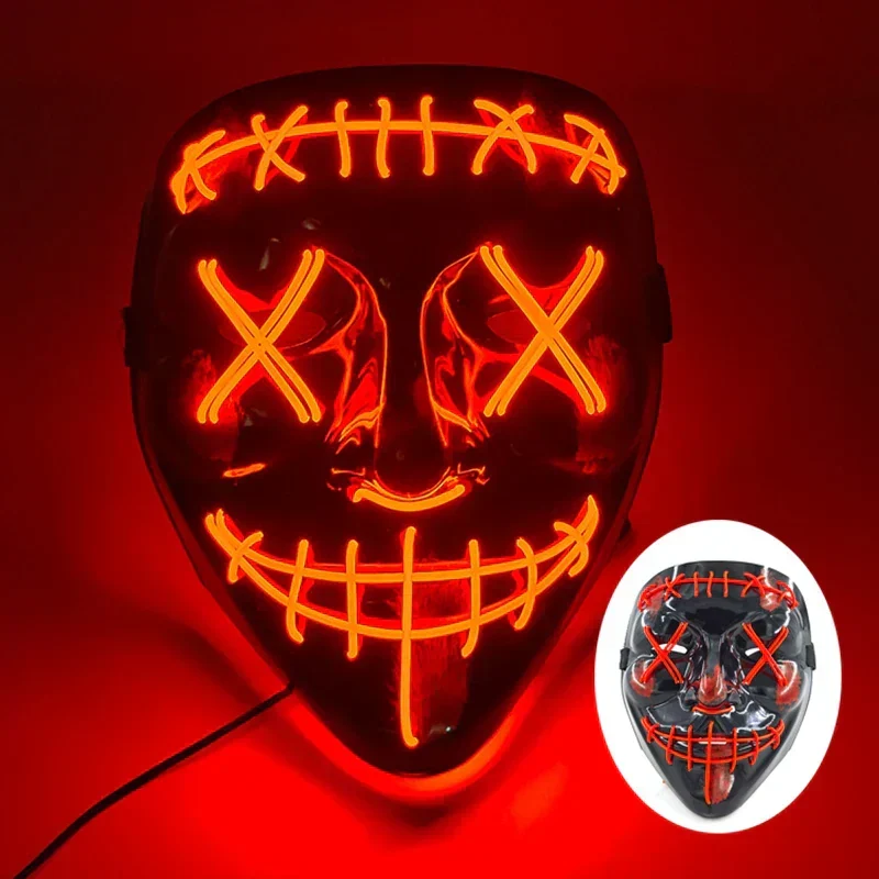 Neon LED Ansigt Maske, håndmalet, fuld dækning med blinkende tilstande, PVC + EL