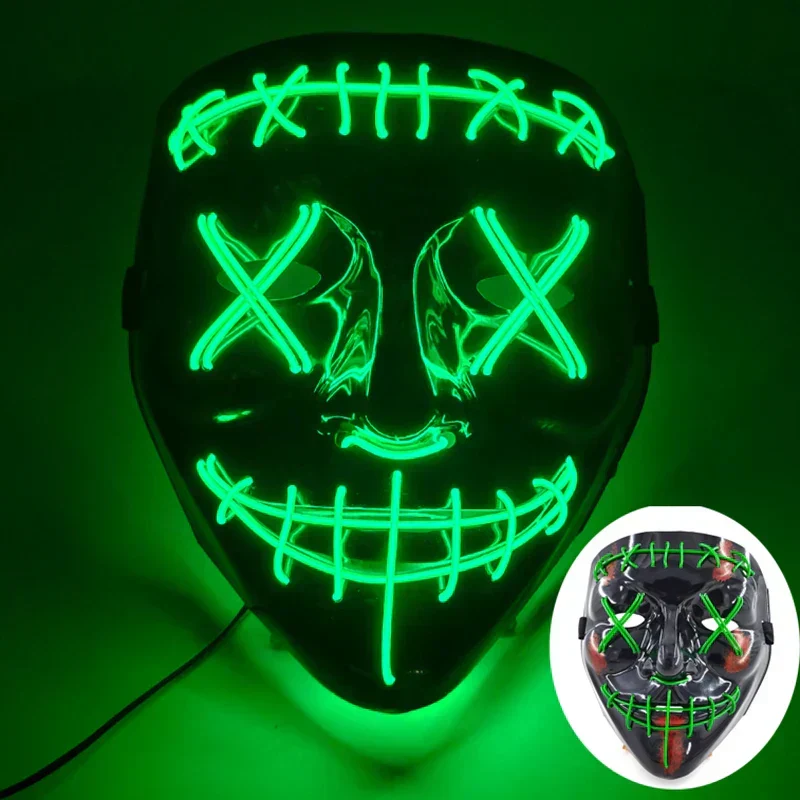 Neon LED Ansigt Maske, håndmalet, fuld dækning med blinkende tilstande, PVC + EL