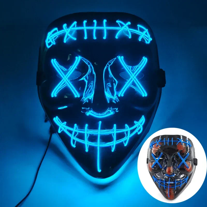 Neon LED Ansigt Maske, håndmalet, fuld dækning med blinkende tilstande, PVC + EL