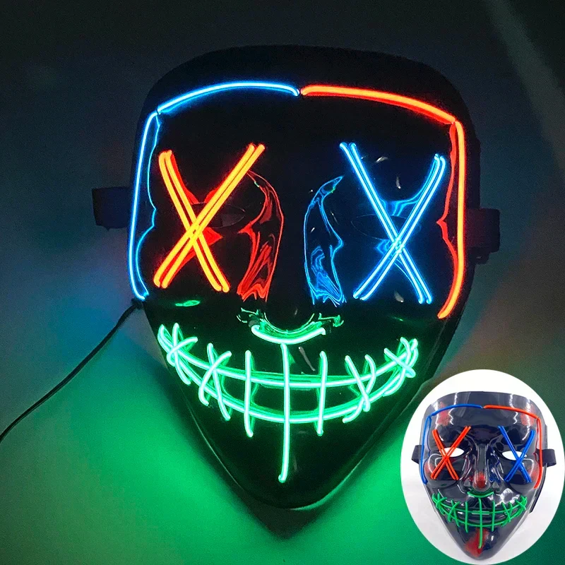 Neon LED Ansigt Maske, håndmalet, fuld dækning med blinkende tilstande, PVC + EL
