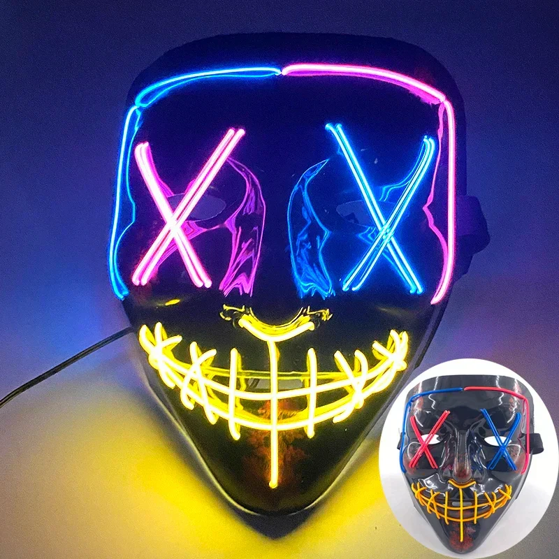 Neon LED Ansigt Maske, håndmalet, fuld dækning med blinkende tilstande, PVC + EL