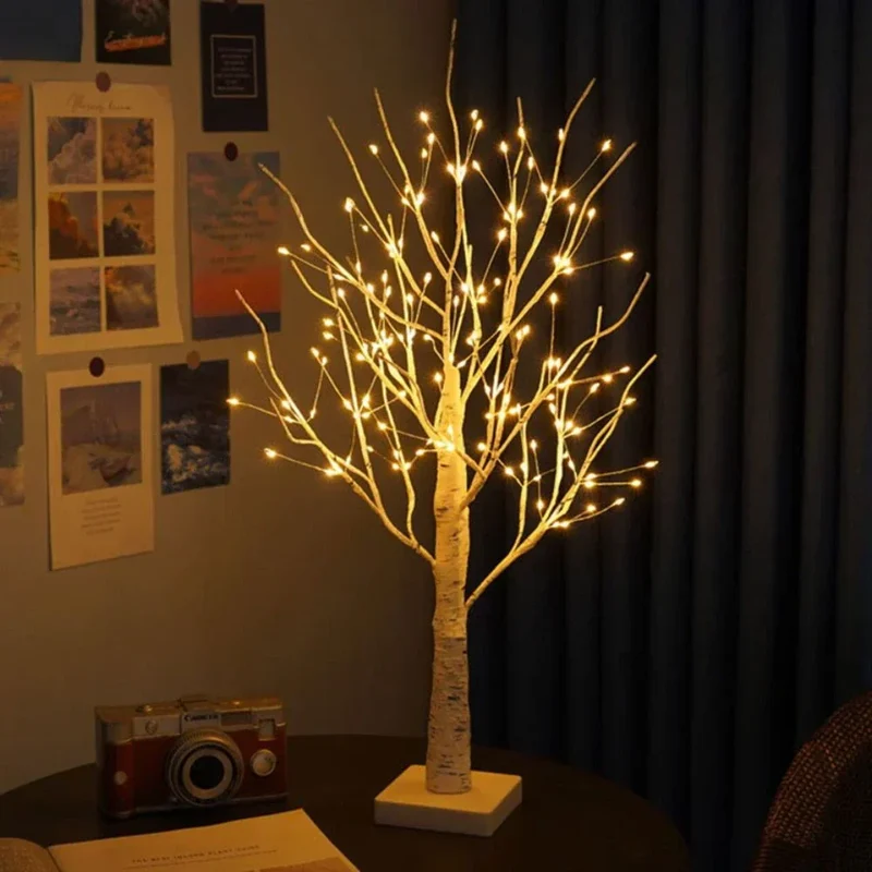 Dekorativt trælys med LED, Birketræ bordlampe