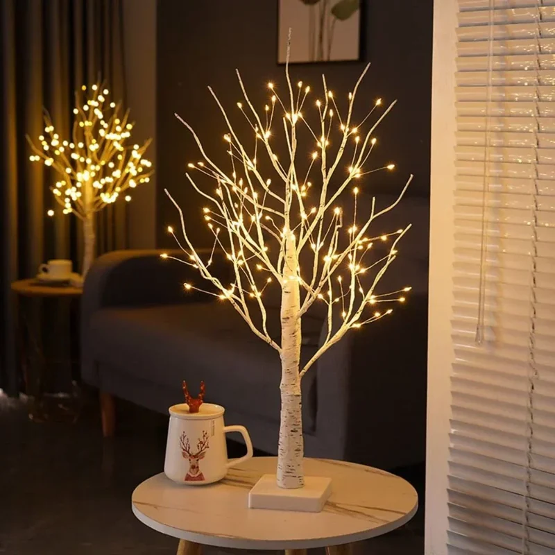 Dekorativt trælys med LED, Birketræ bordlampe