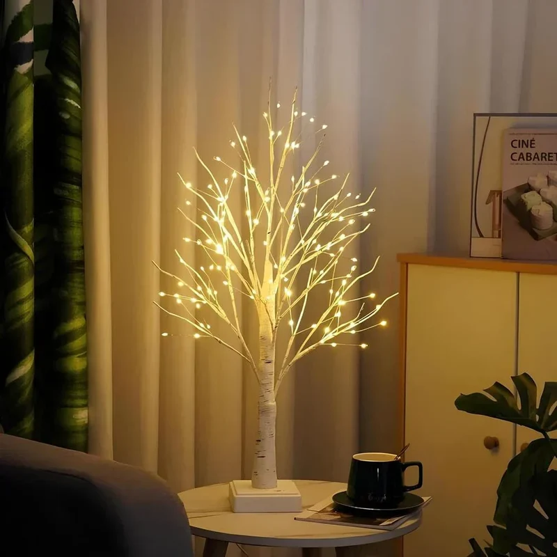 Dekorativt trælys med LED, Birketræ bordlampe