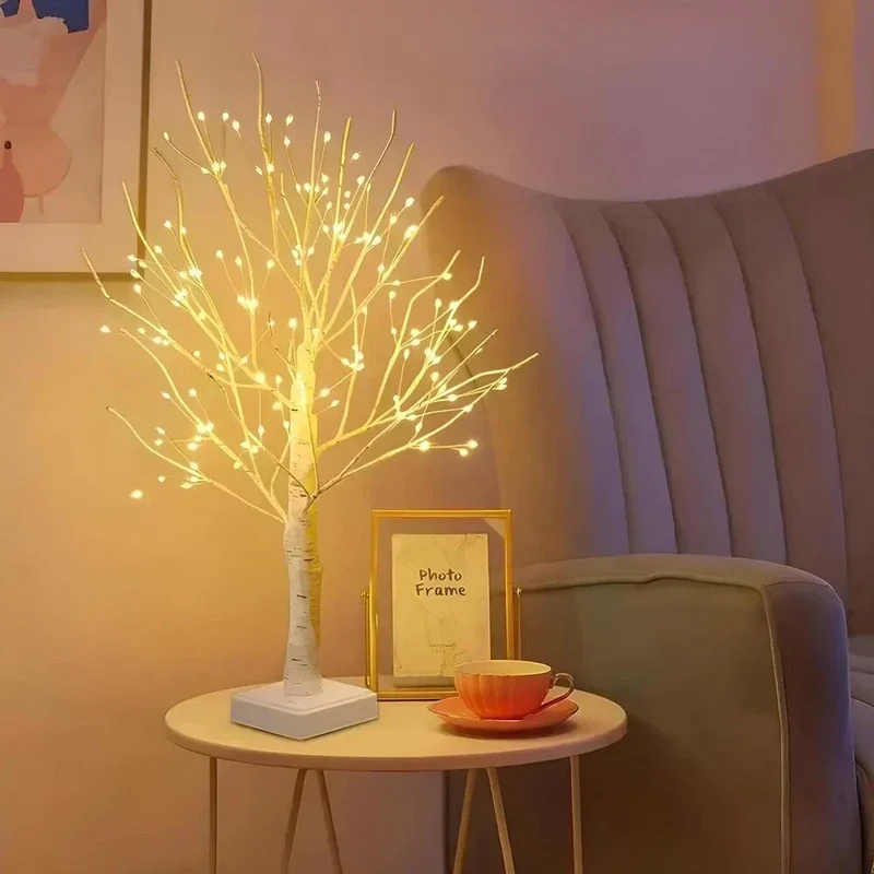 Dekorativt trælys med LED, Birketræ bordlampe