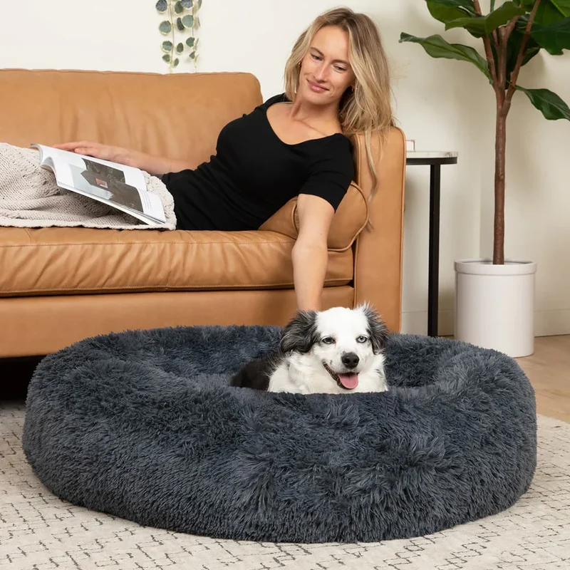 Beroligende Rund Hundeseng af Blødt Plys til Angstlindring