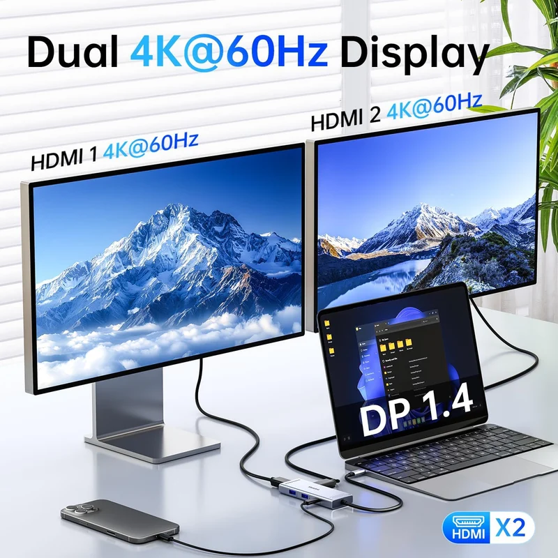 USB-C Dockingstation til Dual 4K Skærme med Hurtig Opladning