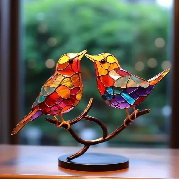 Elegant fuglestatue i farvet glas - stilfuldt dekoration sæt
