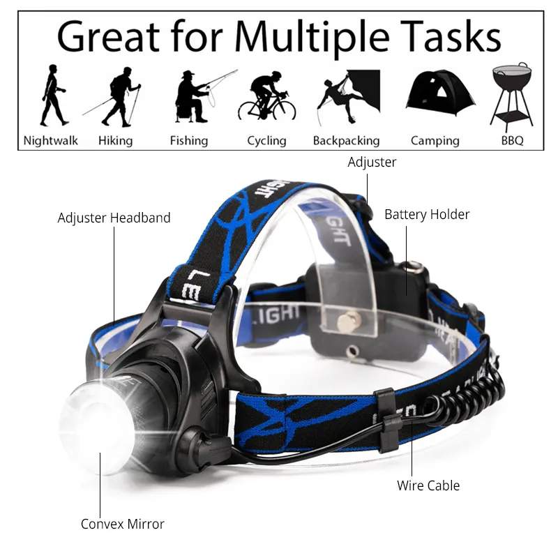 Stærk vandtæt LED lygte med zoom og genopladeligt batteri til udendørs brug