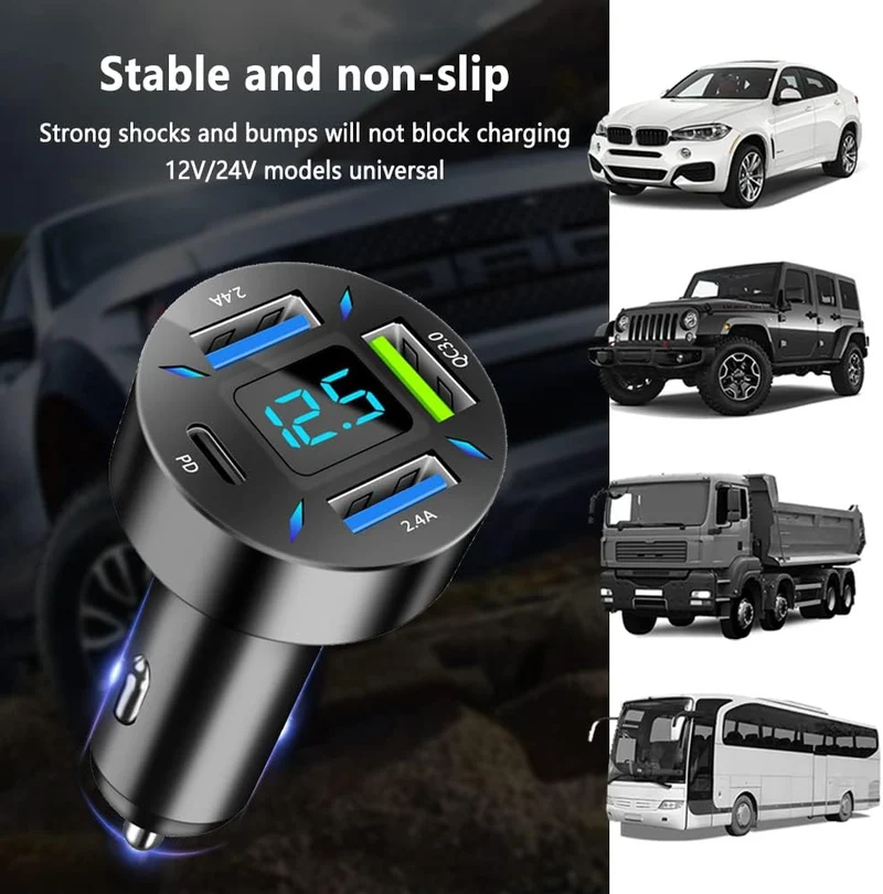 66W Hurtig Oplader til Bil med USB PD og QC 3.0 – Universal 12-24V