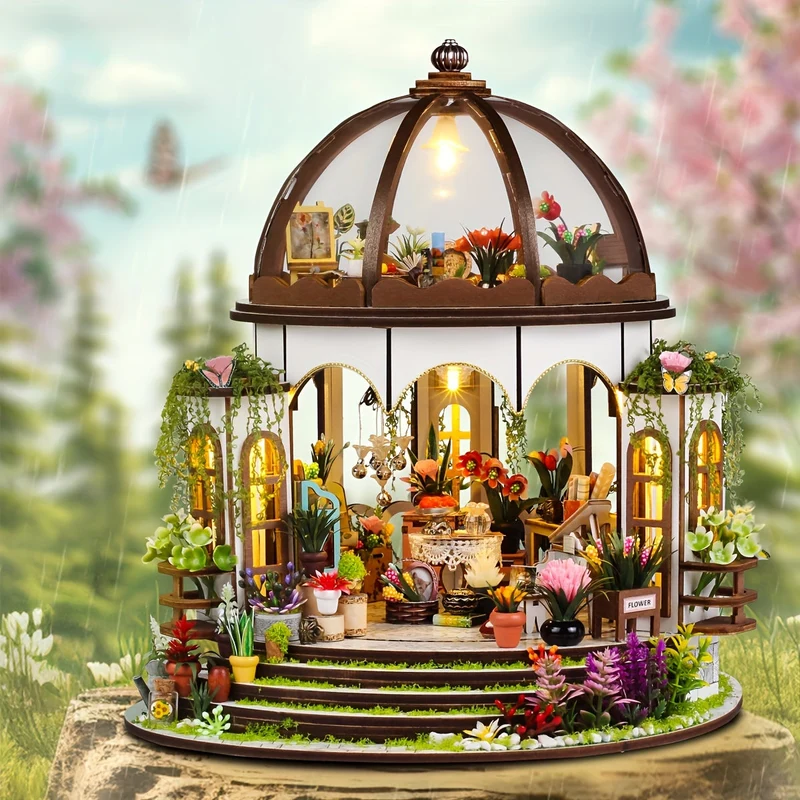 Miniatyrhus med Blomster – 3D Træpuslespil med LED Belysning og Detaljeret Have