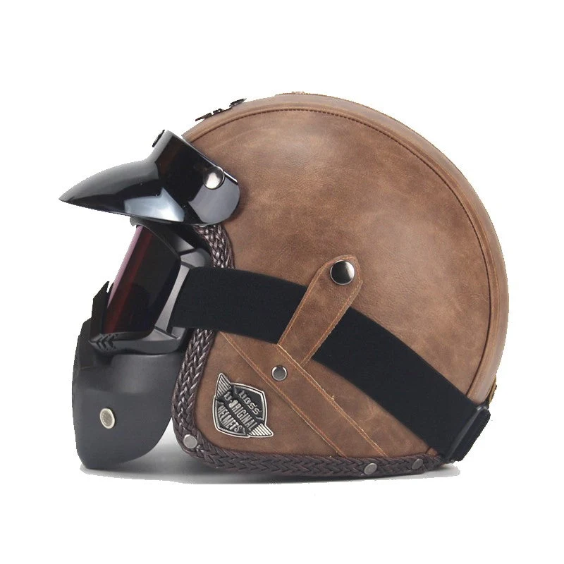 Vintage motorcykelhjelm i kunstlæder med visir og brillemaske