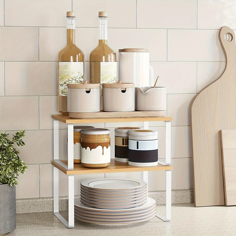 Sæt med 2 Justerbare Hylder i Bambu – Elegant og Pladsbesparende