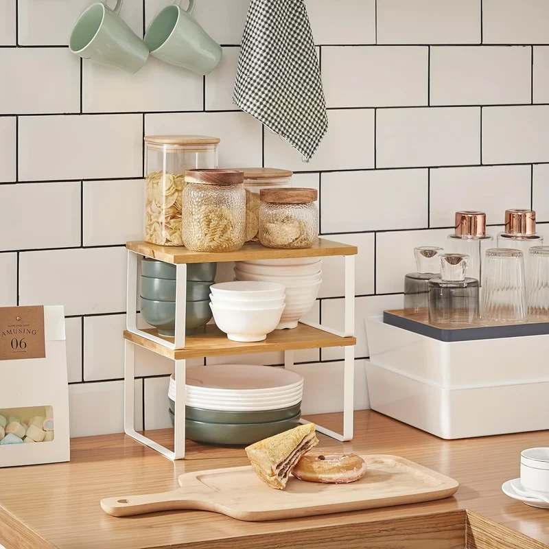 Sæt med 2 Justerbare Hylder i Bambu – Elegant og Pladsbesparende