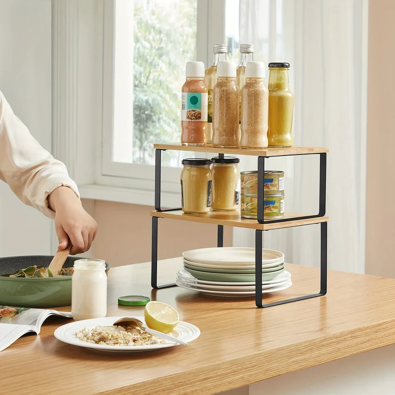 Sæt med 2 Justerbare Hylder i Bambu – Elegant og Pladsbesparende