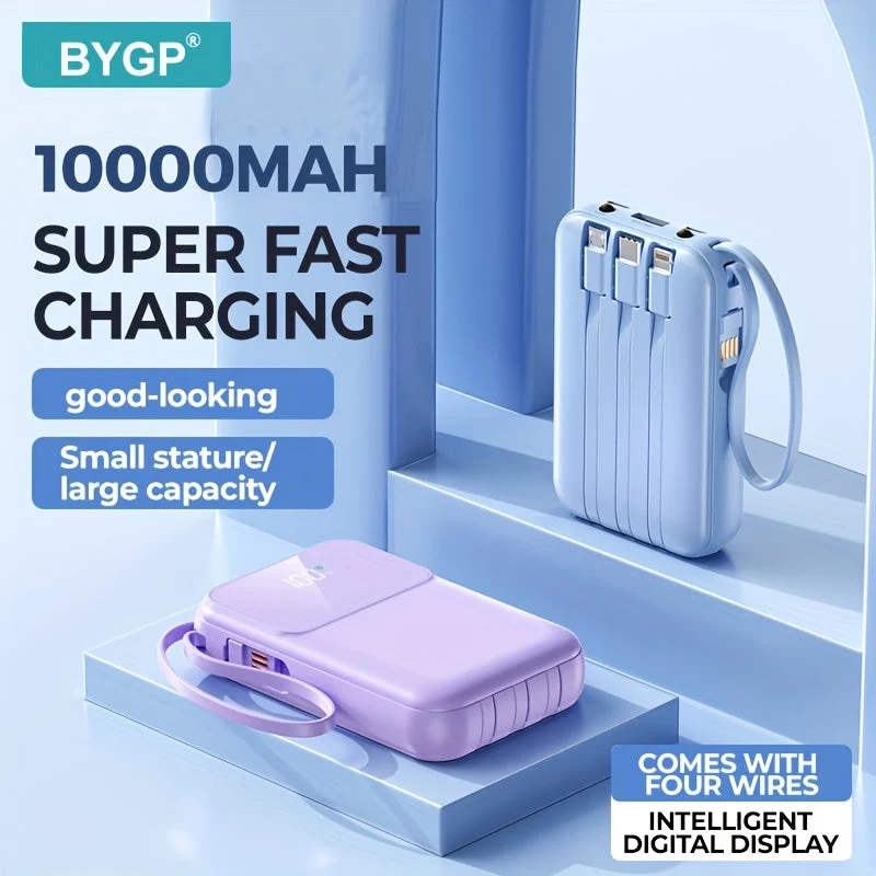 Bærbar Power Bank 10000mAh - Hurtigopladning med Integrerede Kabler