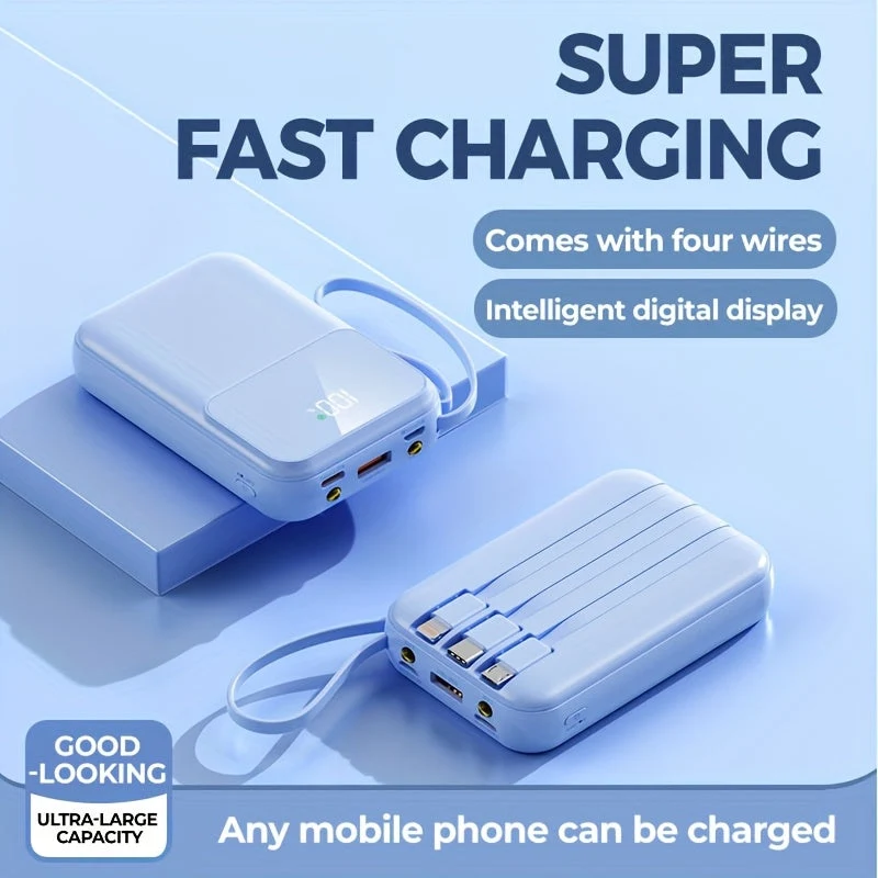 Bærbar Power Bank 10000mAh - Hurtigopladning med Integrerede Kabler