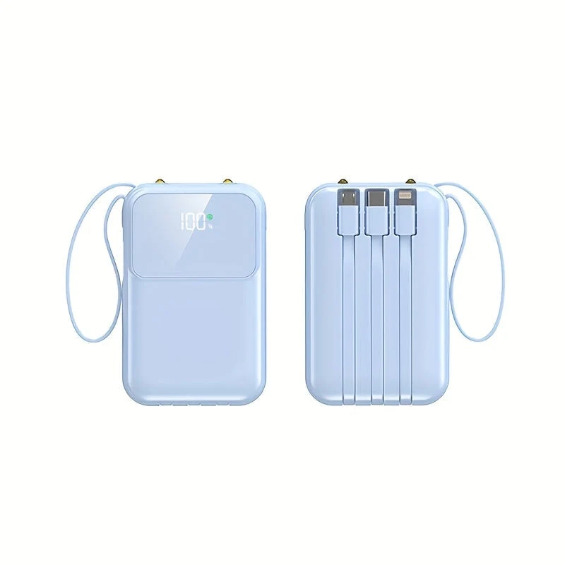 Bærbar Power Bank 10000mAh - Hurtigopladning med Integrerede Kabler