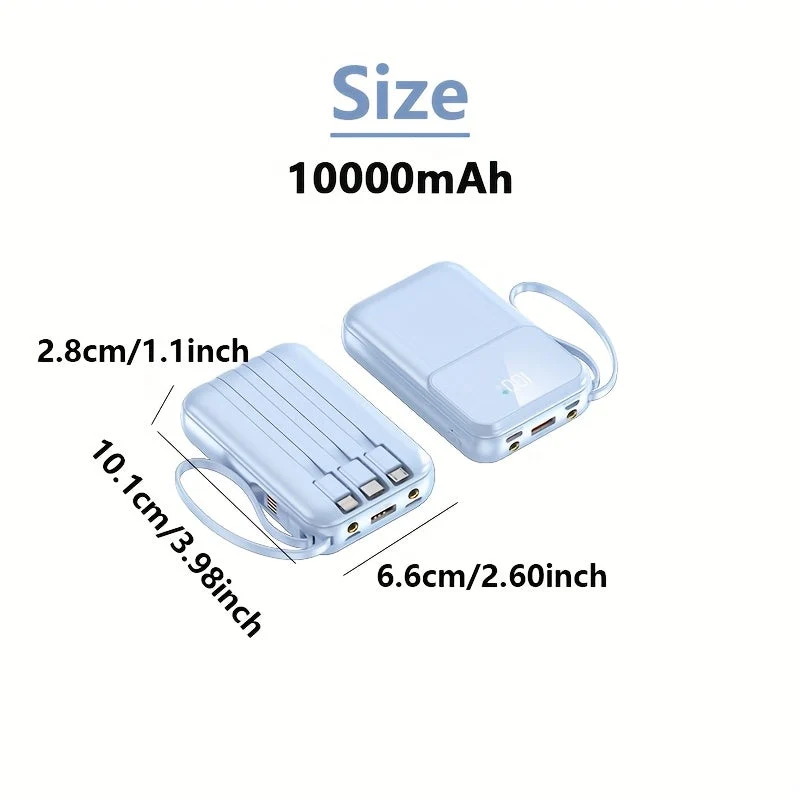 Bærbar Power Bank 10000mAh - Hurtigopladning med Integrerede Kabler